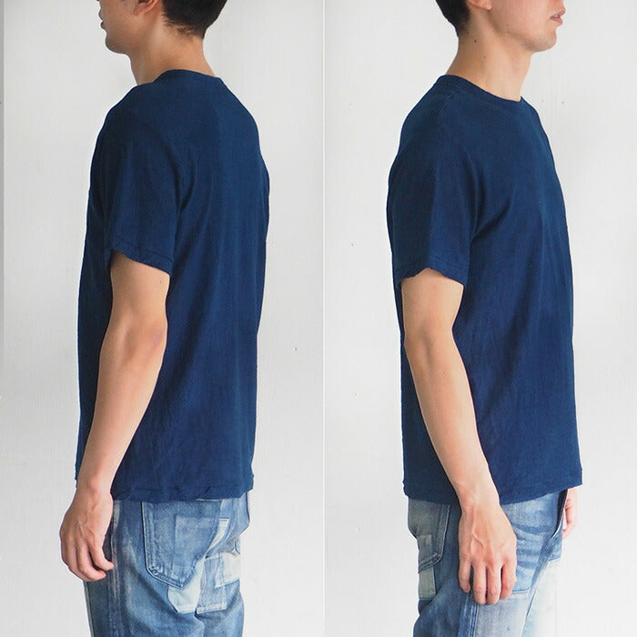 Hand-dyed plain color, hanging knit, organic cotton T-shirt, short sleeve, "indigo blue" for men and women [OT-HAN]