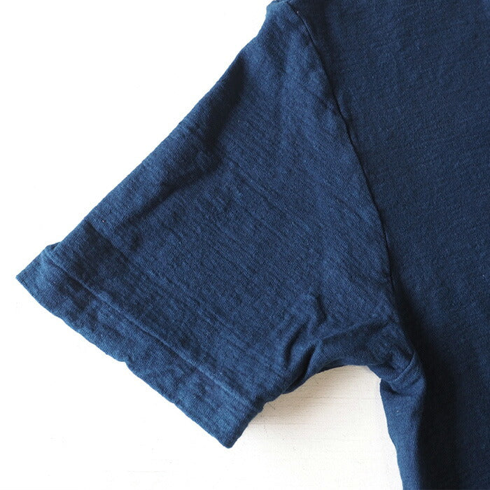 Hand-dyed plain color, hanging knit, organic cotton T-shirt, short sleeve, "indigo blue" for men and women [OT-HAN]