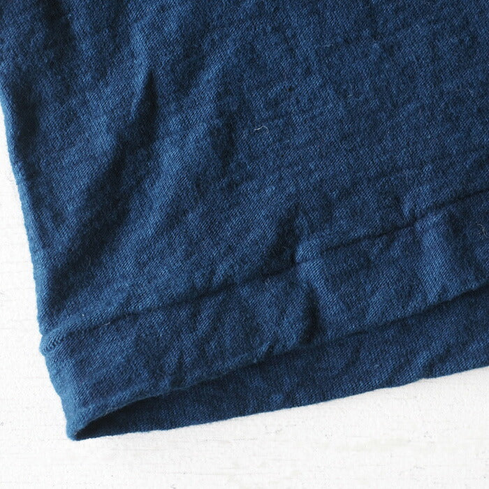 Hand-dyed plain color, hanging knit, organic cotton T-shirt, short sleeve, "indigo blue" for men and women [OT-HAN]
