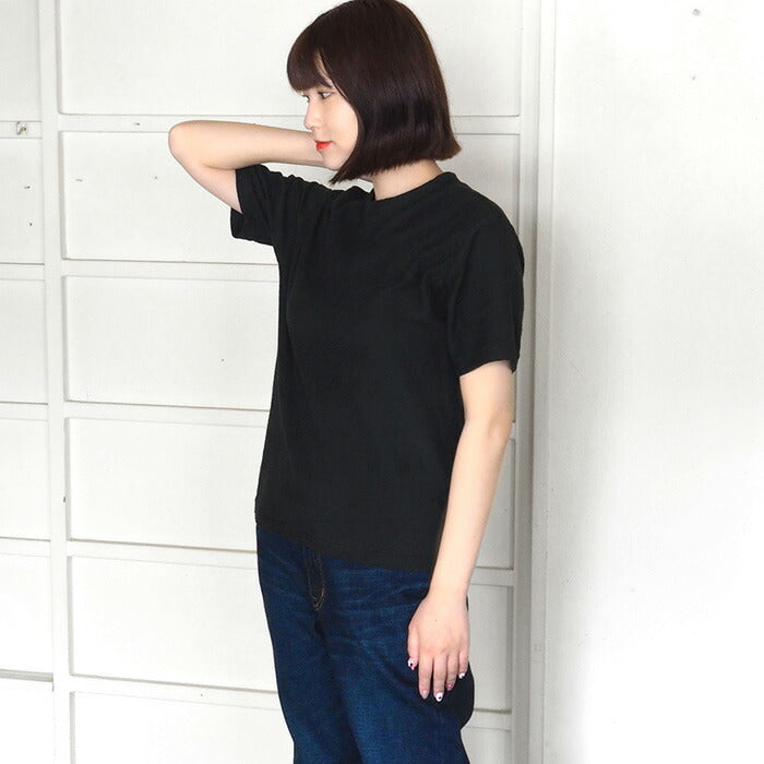 Hand-dyed plain color, loop-knitted, organic cotton, short-sleeved T-shirt, "Constitution Black" for women [OT-KENBOU-LADIES]
