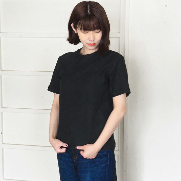Hand-dyed plain color, loop-knitted, organic cotton, short-sleeved T-shirt, "Constitution Black" for women [OT-KENBOU-LADIES]