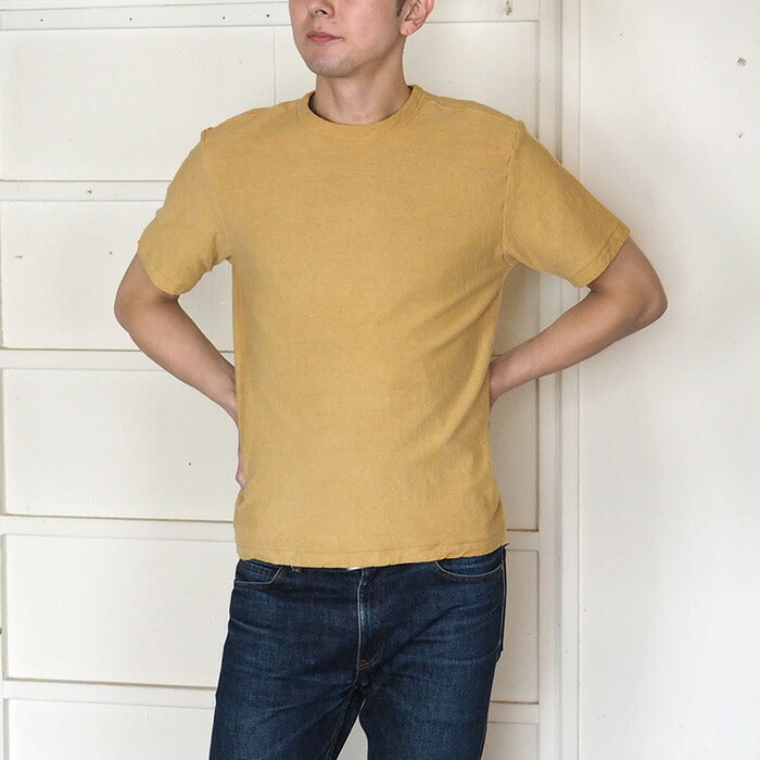 Hand-dyed plain color, hanging knit jersey, organic cotton, short sleeve T-shirt, "Yellow" (kihadairo), men's [OT-KIH]