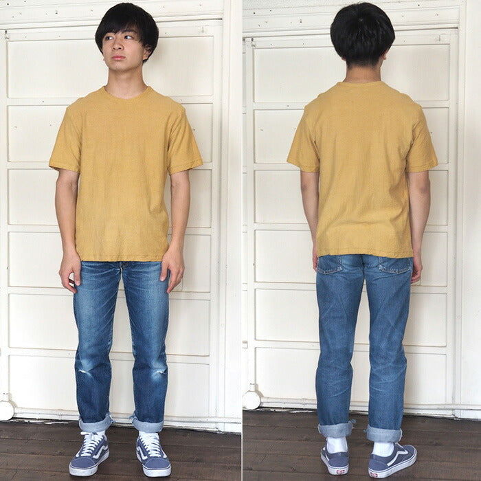 Hand-dyed plain color, hanging knit jersey, organic cotton, short sleeve T-shirt, "Yellow" (kihadairo), men's [OT-KIH]