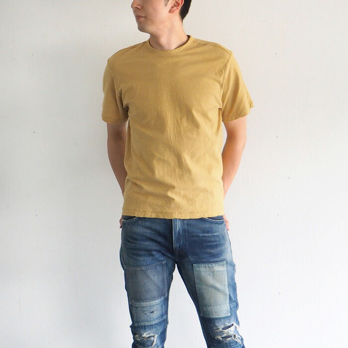 Hand-dyed plain color, hanging knit jersey, organic cotton, short sleeve T-shirt, "Yellow" (kihadairo), men's [OT-KIH]