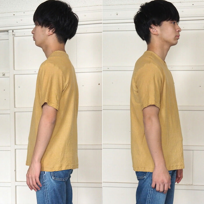 Hand-dyed plain color, hanging knit jersey, organic cotton, short sleeve T-shirt, "Yellow" (kihadairo), men's [OT-KIH]