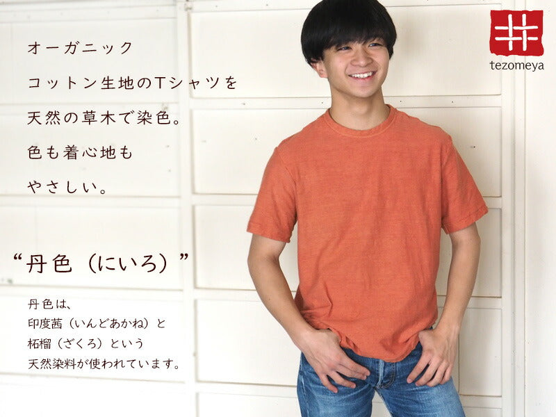 Hand-dyed plain color, hanging knit jersey, organic cotton, short sleeve T-shirt, "red" (niiro), men's [OT-NII]