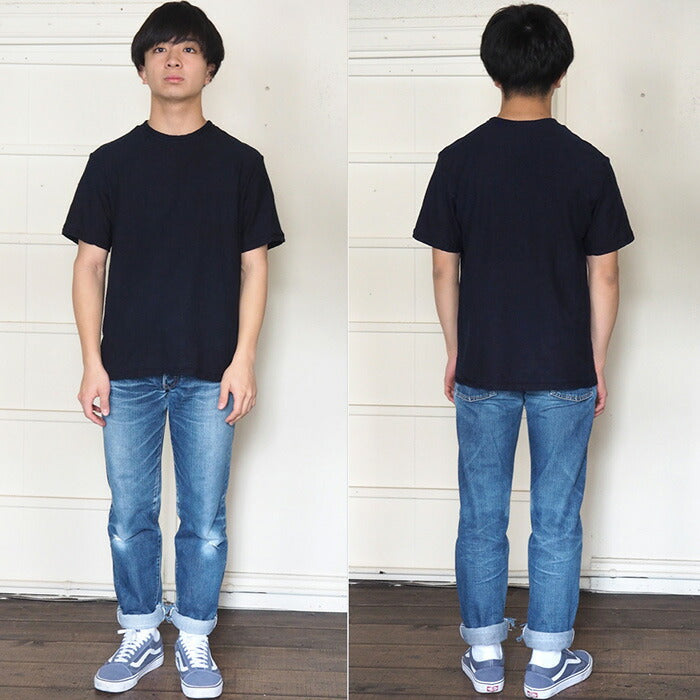 Hand-dyed plain color, hanging knit jersey, organic cotton, short sleeve T-shirt, "Tetsukon-iro" (iron navy blue), men's [OT-TET]