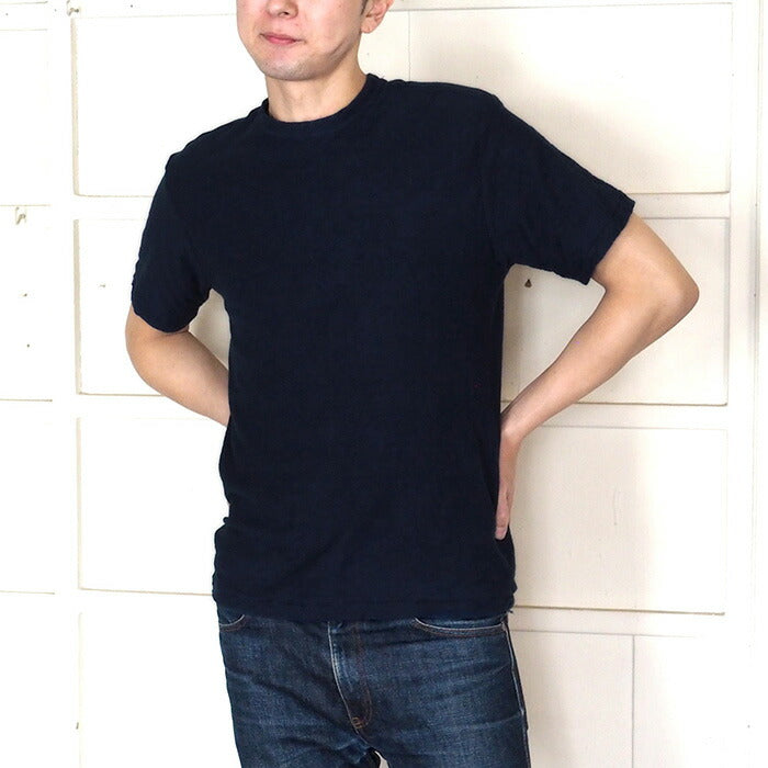 Hand-dyed plain color, hanging knit jersey, organic cotton, short sleeve T-shirt, "Tetsukon-iro" (iron navy blue), men's [OT-TET]