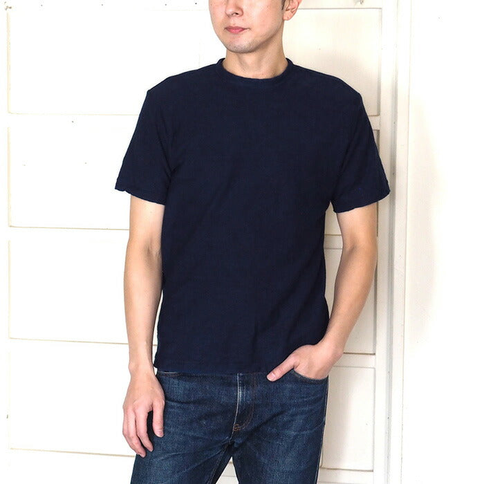 Hand-dyed plain color, hanging knit jersey, organic cotton, short sleeve T-shirt, "Tetsukon-iro" (iron navy blue), men's [OT-TET]