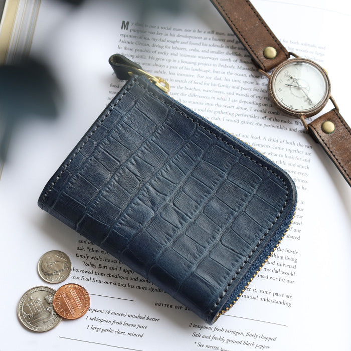 RE.ACT Yamato Aizome(Japanese natural indigo dye) L-shaped Slim Compact Wallet Croco [RA2021-002AI-CRO] 