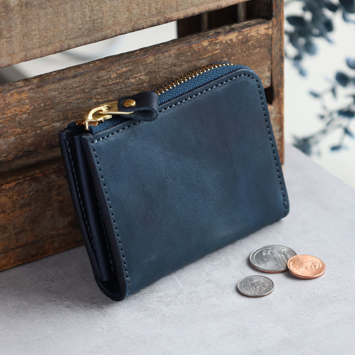 RE.ACT Yamato Aizome(Japanese natural indigo dye) L-shaped slim compact wallet plain [RA2021-002AI-SOL] 