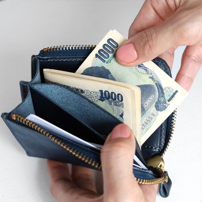 RE.ACT Yamato Aizome(Japanese natural indigo dye) L-shaped slim compact wallet plain [RA2021-002AI-SOL] 