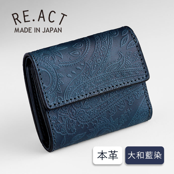 RE.ACT Yamato Aizome(Japanese natural indigo dye) Tri-fold compact wallet (with coin purse) Paisley [RA2021-003AI-PAI] 