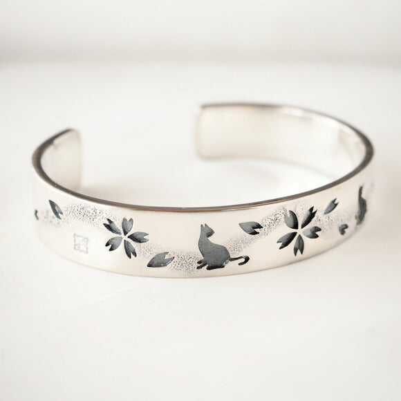 S Sakura x Cat Watermark Engraving Bangle Silver [S-Bns-01] 