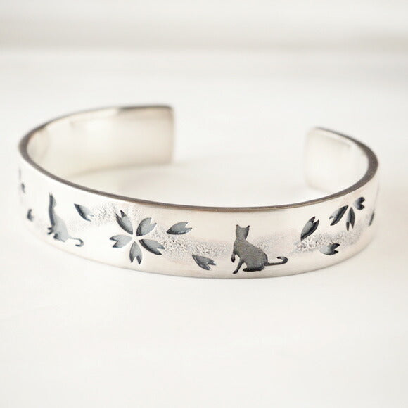 S Sakura x Cat Watermark Engraving Bangle Silver [S-Bns-01] 