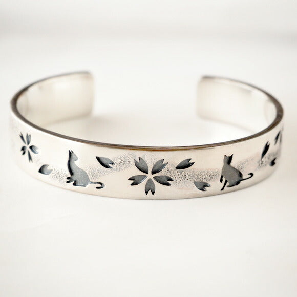 S Sakura x Cat Watermark Engraving Bangle Silver [S-Bns-01] 