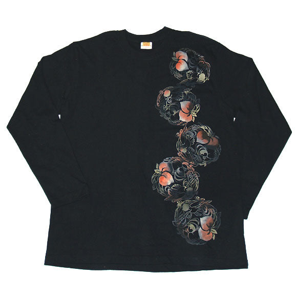 SEED Female artist Fumiko Sugita Kata-dyeing &amp; hand-painted Japanese pattern T-shirt long sleeve black peach and bird men's and women's [SE-TL2A-KH001] 