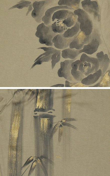 SEED Female painter Fumiko Sugita Kata-dye &amp; hand-painted Japanese pattern T-shirt long sleeve beige peony and bamboo men's and women's [SE-TL7B-KH002] 