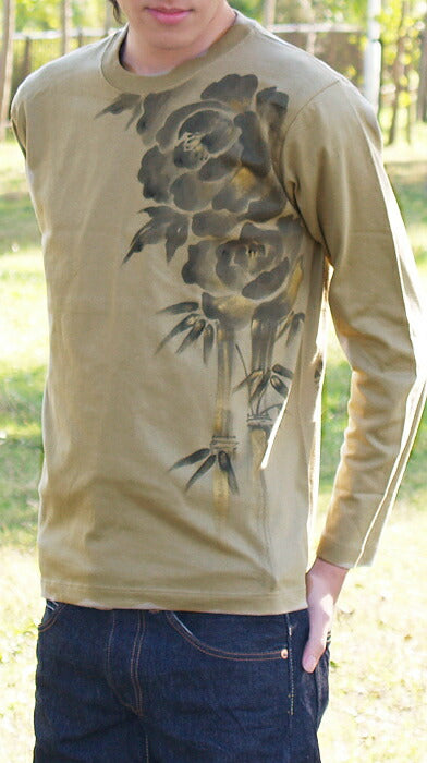 SEED Female painter Fumiko Sugita Kata-dye &amp; hand-painted Japanese pattern T-shirt long sleeve beige peony and bamboo men's and women's [SE-TL7B-KH002] 