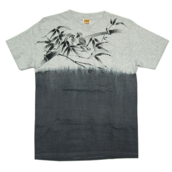 SEED Female painter Fumiko Sugita Hand-painted Japanese pattern T-shirt short sleeve frost gray bamboo and sparrow mouse color dip dyed men's and women's [SE-TS3B-BD001] 