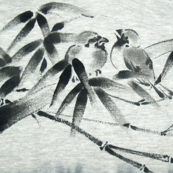SEED Female painter Fumiko Sugita Hand-painted Japanese pattern T-shirt short sleeve frost gray bamboo and sparrow mouse color dip dyed men's and women's [SE-TS3B-BD001] 