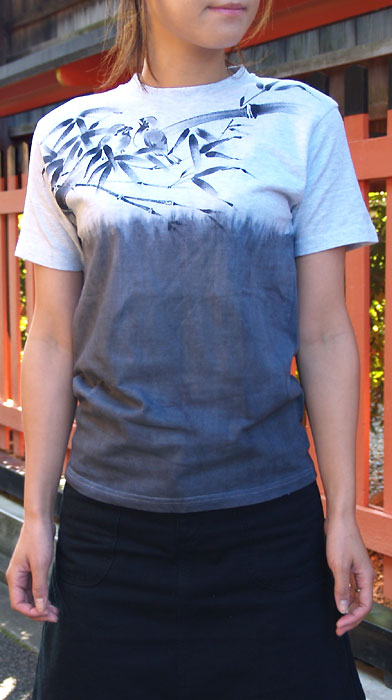 SEED Female painter Fumiko Sugita Hand-painted Japanese pattern T-shirt short sleeve frost gray bamboo and sparrow mouse color dip dyed men's and women's [SE-TS3B-BD001] 