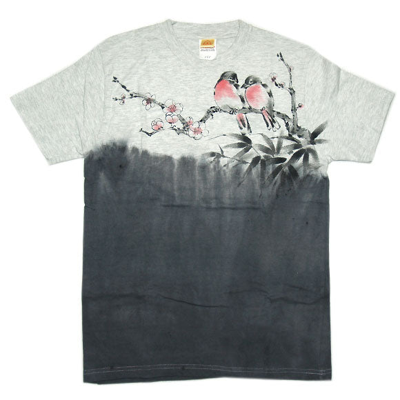SEED Female Artist Fumiko Sugita Hand-painted Japanese Pattern T-shirt Short Sleeve Frost Gray Plum and Bird Mouse Color Dyeing Men's Women's [SE-TS3B-BD002] 