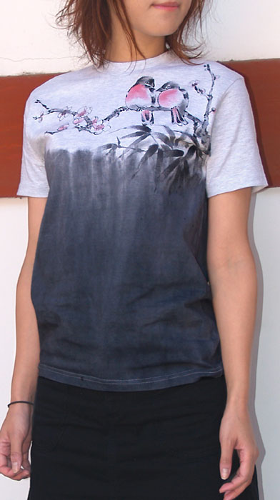 SEED Female Artist Fumiko Sugita Hand-painted Japanese Pattern T-shirt Short Sleeve Frost Gray Plum and Bird Mouse Color Dyeing Men's Women's [SE-TS3B-BD002] 