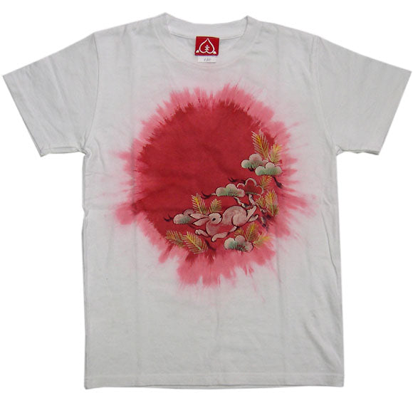 SEED 女性絵師 杉田扶実子 手描き和柄Tシャツ 白色 中紅色浸染め 兎と松 メンズ・レディース [SE-TS4B-AN002]