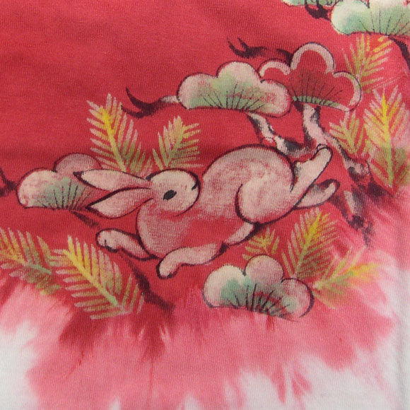 SEED 女性絵師 杉田扶実子 手描き和柄Tシャツ 白色 中紅色浸染め 兎と松 メンズ・レディース [SE-TS4B-AN002]