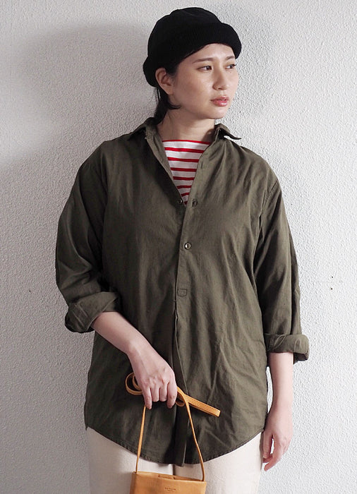 SOMETARY Czech Army 1960's Pullover Grandpa Shirt Long Sleeve Yangmei Dyed Sea Pine Color Women's [SO-GRSH01-MIRU] 