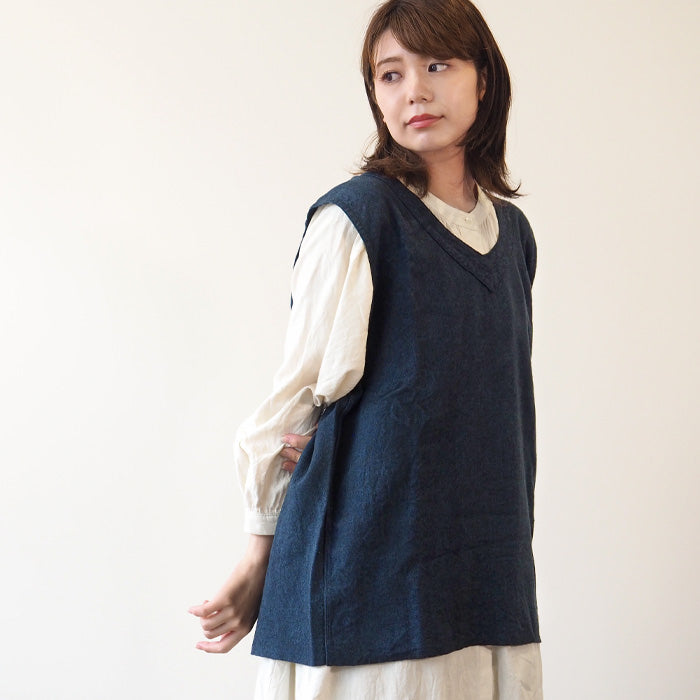 SOMETARY French Army Linen Wool Vest Indigo Dyed Red Iron Navy Ladies [SO-LWVE01] 