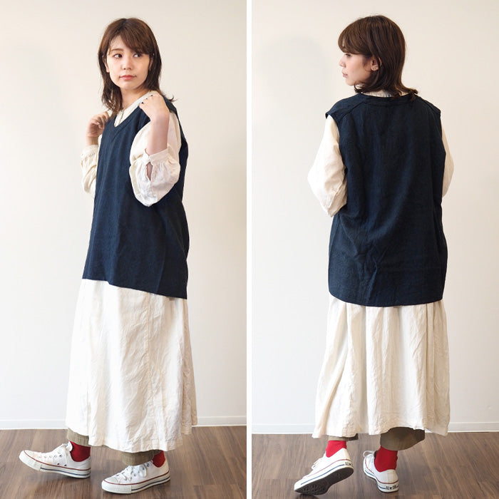 SOMETARY French Army Linen Wool Vest Indigo Dyed Red Iron Navy Ladies [SO-LWVE01] 
