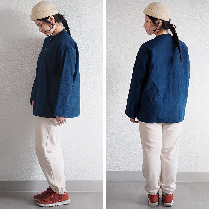 SOMETARY Russian Army Henley Neck Sleeping Shirt Long Sleeve Indigo Dyed Green Men's Women's Unisex [SO-SPSH01-HANA] 