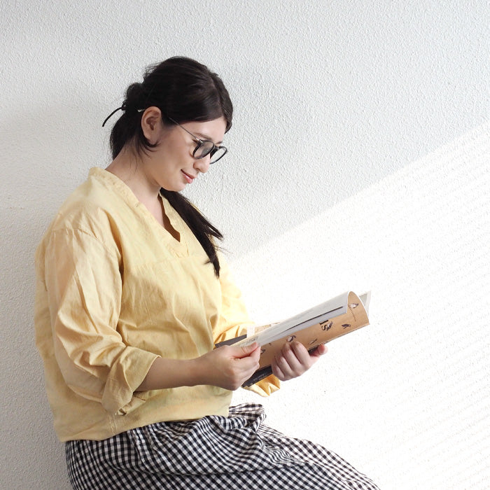 SOMETARY Yoke Switching V-Neck Sleeping Shirt Long Sleeve Women's Yellow Pink Brown [SO-SPSH03] 