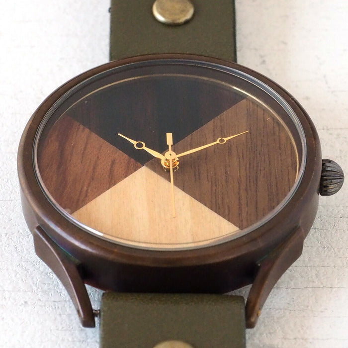 【文字盤の配置は作家におまかせ】vie（ヴィー） 手作り腕時計 “simple wood” 寄せ木文字盤 XLサイズ [WB-077X]