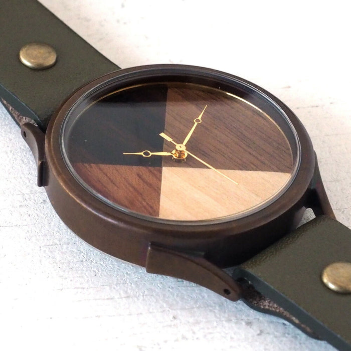 【文字盤の配置は作家におまかせ】vie（ヴィー） 手作り腕時計 “simple wood” 寄せ木文字盤 XLサイズ [WB-077X]