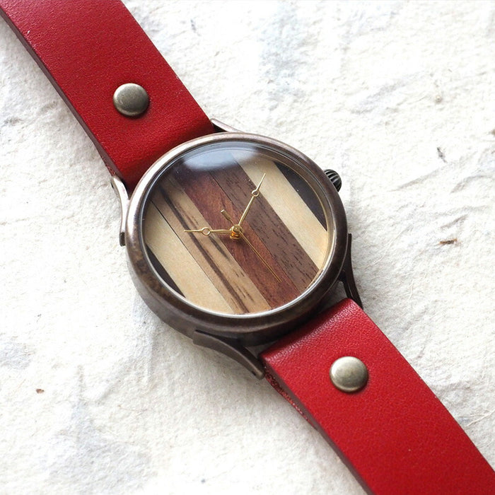 【文字盤の配置は作家におまかせ】vie（ヴィー） 手作り腕時計 “simple wood” 寄せ木文字盤 ストライプ Lサイズ [WB-081L]