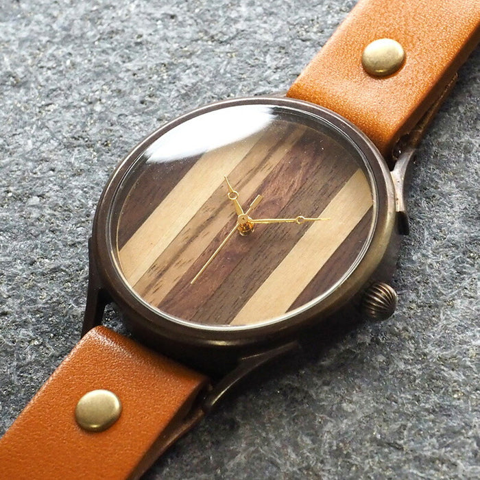 【文字盤の配置は作家におまかせ】vie（ヴィー） 手作り腕時計 “simple wood” 寄せ木文字盤 ストライプ XLサイズ [WB-081X]