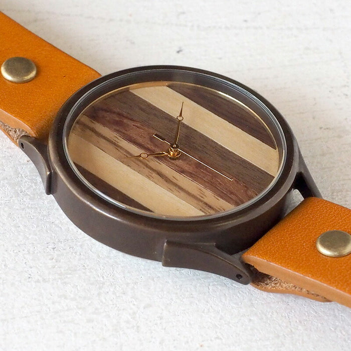 【文字盤の配置は作家におまかせ】vie（ヴィー） 手作り腕時計 “simple wood” 寄せ木文字盤 ストライプ XLサイズ [WB-081X]