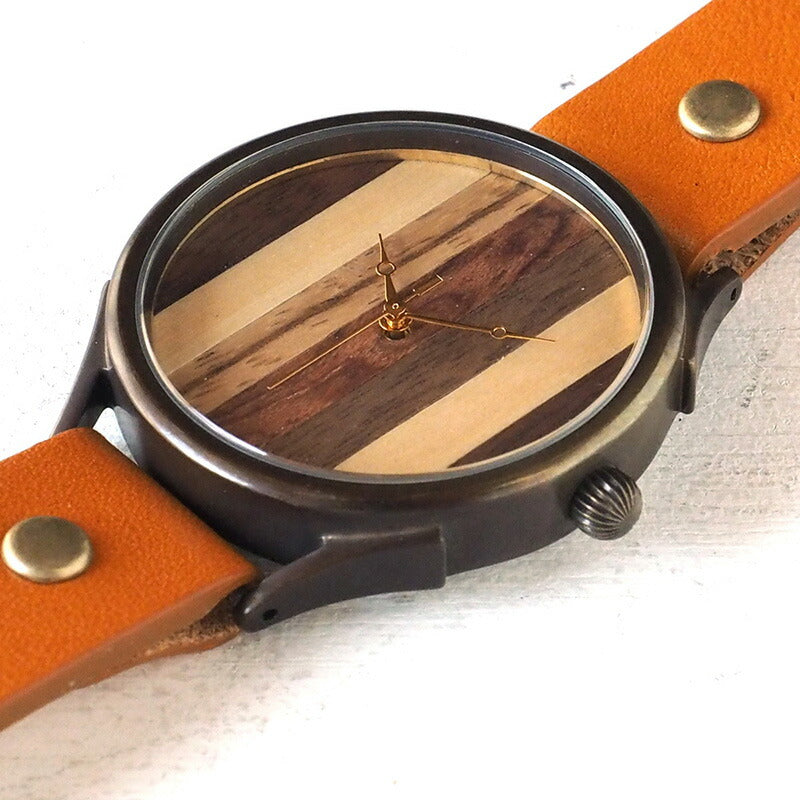 【文字盤の配置は作家におまかせ】vie（ヴィー） 手作り腕時計 “simple wood” 寄せ木文字盤 ストライプ XLサイズ [WB-081X]