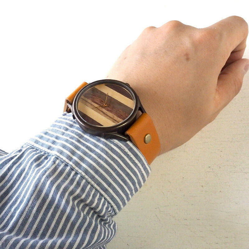 【文字盤の配置は作家におまかせ】vie（ヴィー） 手作り腕時計 “simple wood” 寄せ木文字盤 ストライプ XLサイズ [WB-081X]