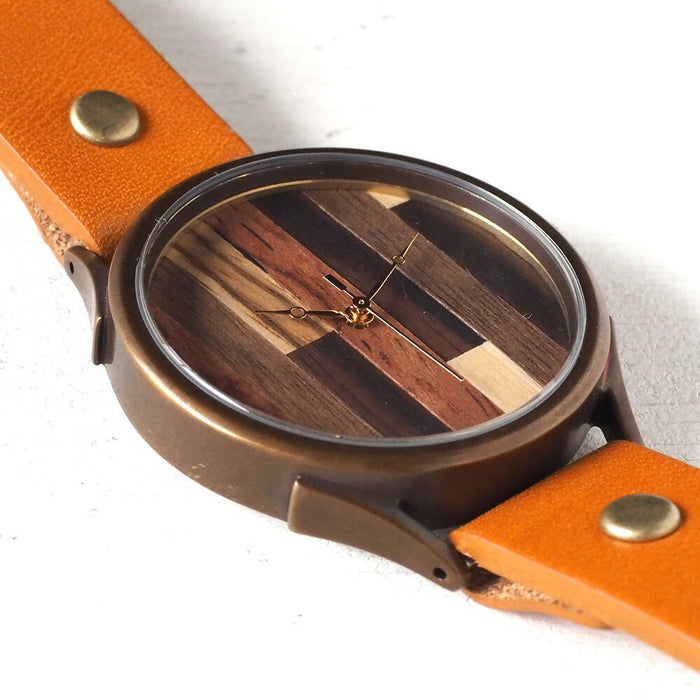 【文字盤の配置は作家におまかせ】vie（ヴィー） 手作り腕時計 “simple wood” 寄せ木文字盤 ランダムストライプ XLサイズ [WB-082X]