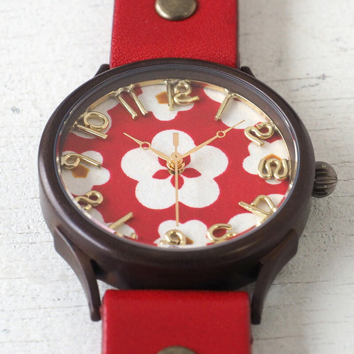 vie（ヴィー） 手作り腕時計 “和tch” 和紙文字盤 梅 レッド Lサイズ [WJ-004L-RD]