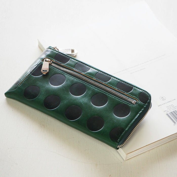 ZOO Wallet Long Wallet Italian Leather L-shaped Zipper Dot Pattern Green Cheetah Wallet 2 [Z-ZLW-078-GR]