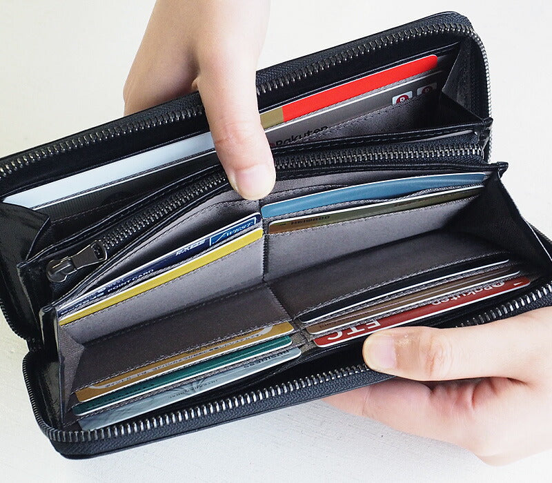 ZOO Wallet Long Wallet Italian Leather Block Check Round Zipper Black Caracal Wallet [Z-ZLW-079-BK] 