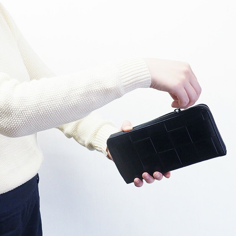 ZOO Wallet Long Wallet Italian Leather Block Check Round Zipper Black Caracal Wallet [Z-ZLW-079-BK] 