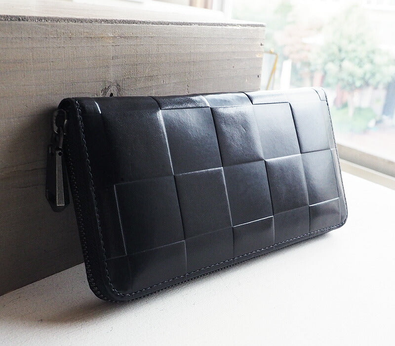 ZOO Wallet Long Wallet Italian Leather Block Check Round Zipper Black Caracal Wallet [Z-ZLW-079-BK] 