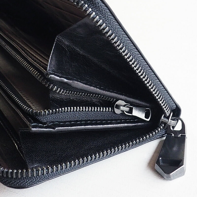 ZOO Wallet Long Wallet Italian Leather Block Check Round Zipper Black Caracal Wallet [Z-ZLW-079-BK] 