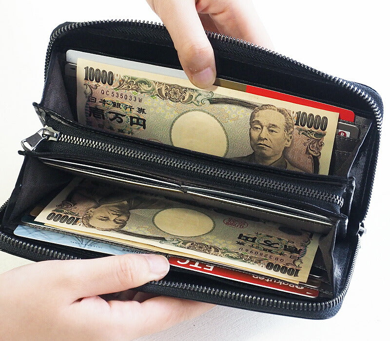 ZOO Wallet Long Wallet Italian Leather Block Check Round Zipper Black Caracal Wallet [Z-ZLW-079-BK] 